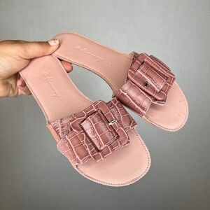 Refinery Pink Faux Alligator Embossed‎ Buckle Slide Sandals